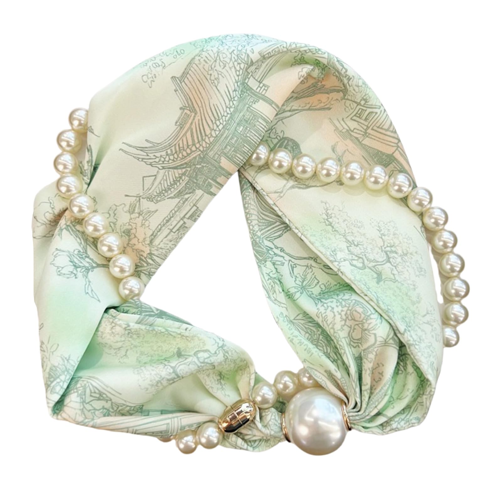 Thoanby Women's As The Picture Show Scarf,Magnetic Clasp Pearls Chain Necklace Floral Satins Scarf Elegant Silk Skinny Narrow Neckerchief For Fashionable
