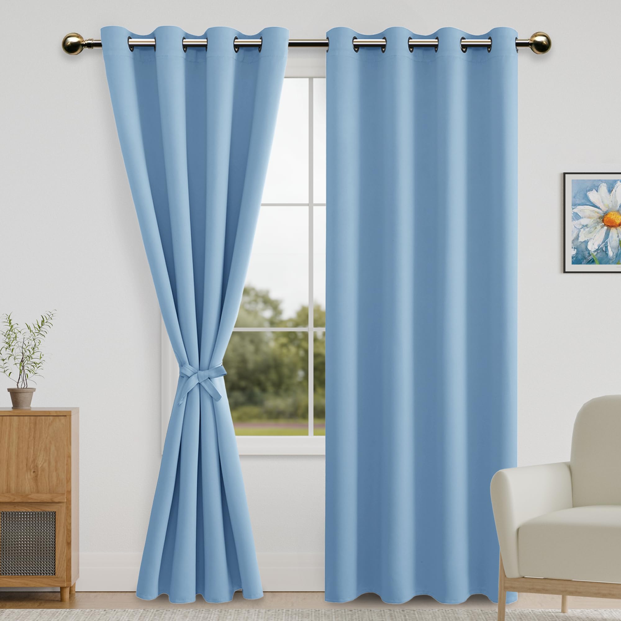 DWCN Blackout Curtains for Bedroom with Tiebacks - Room Darkening Privacy Grommet Top Window Curtains for Living Room, 52 x 84 inch Length,Light Blue,Set of 2 Panels — image 1