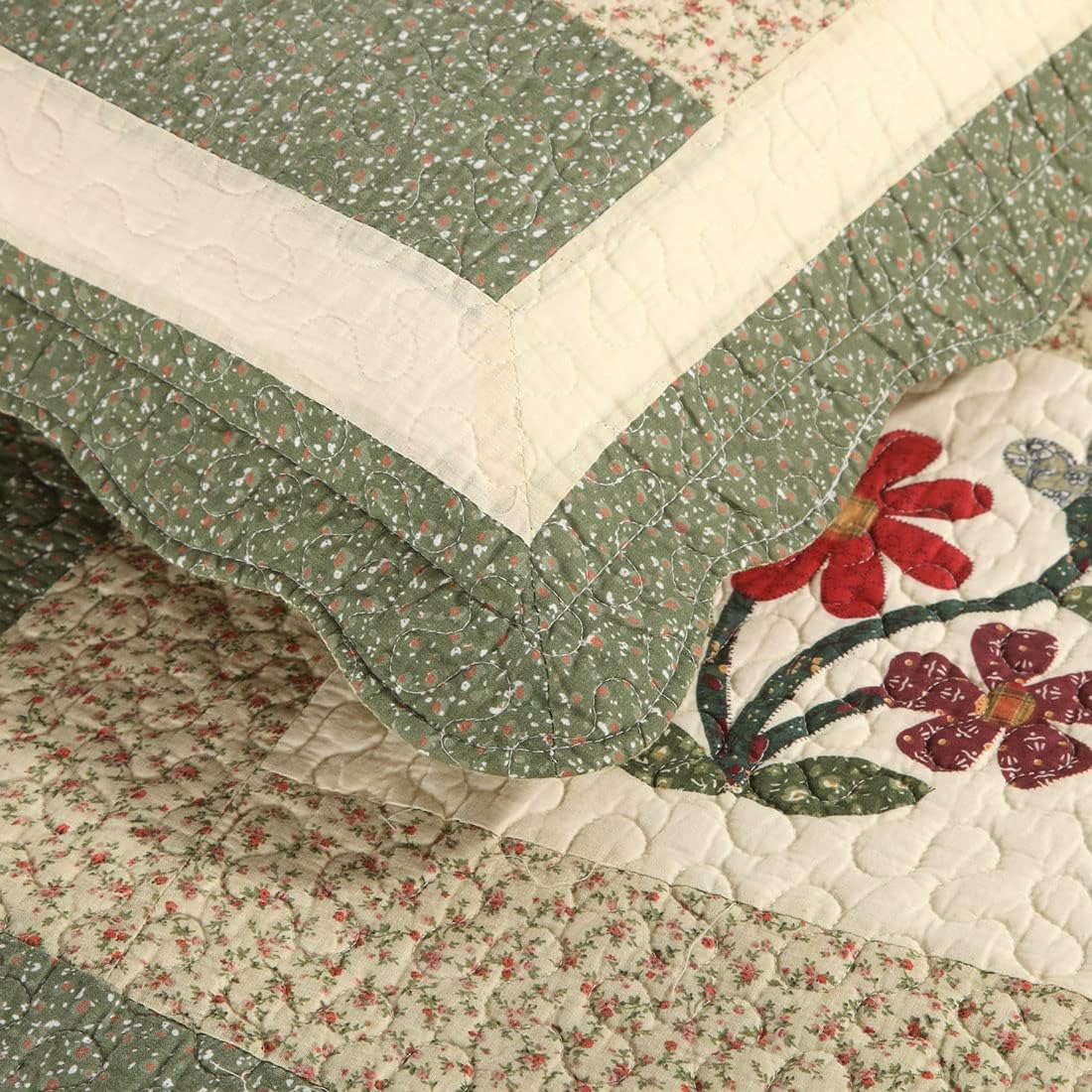 vctops 2-Piece Elegant Floral Patchwork Pillow Shams Queen Size 100% Cotton Quilted Decorative Pillow Shams Set (Green,20"x28") - Image 4