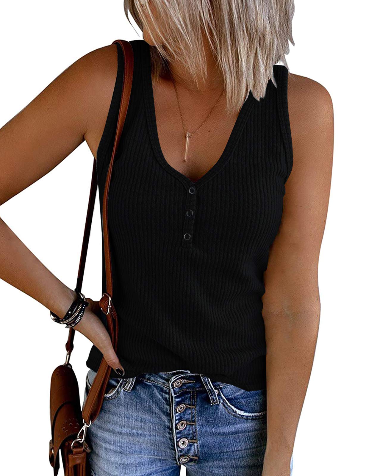 MEROKEETYWomen's V Neck Tank Tops Summer Sleeveless Ribbed Button Casual Henley Shirts