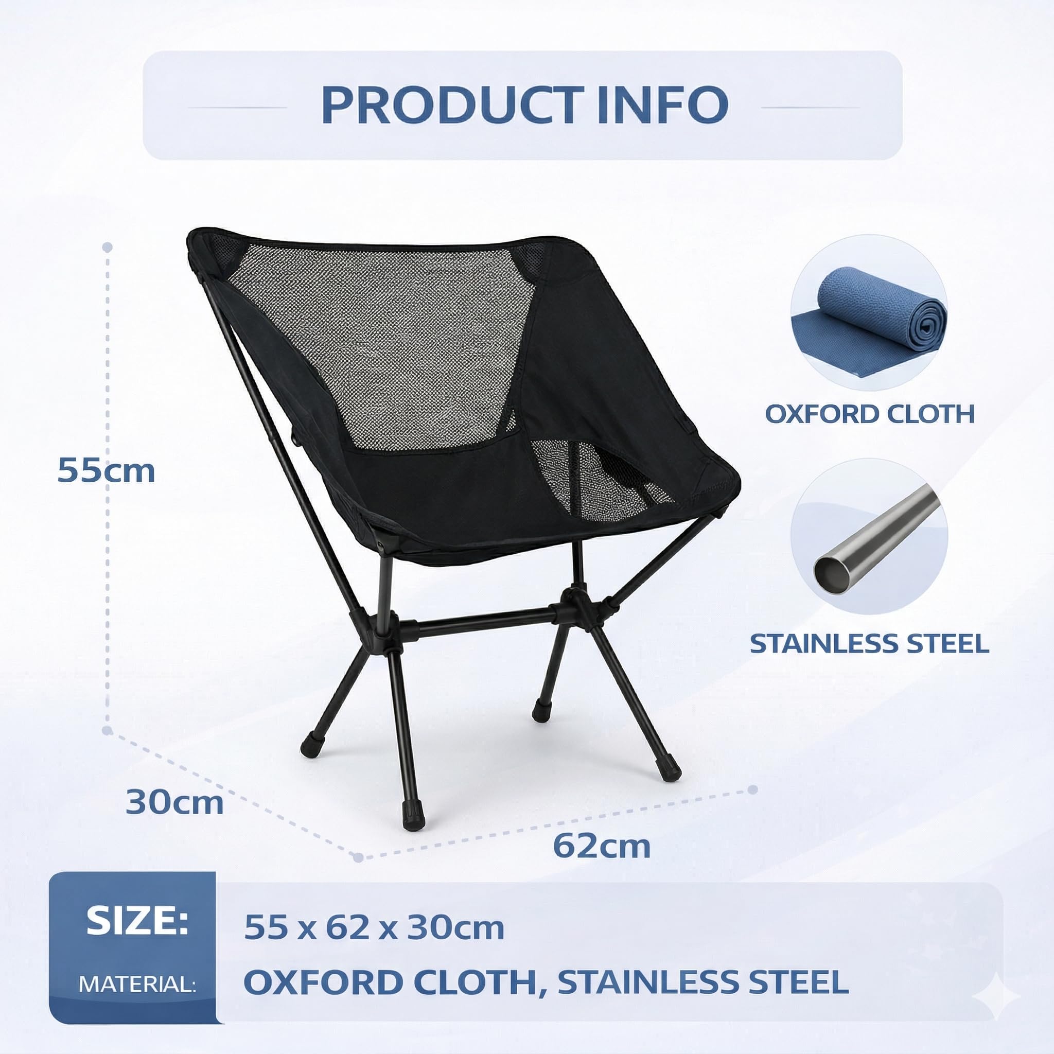 Sedia Pieghevole Lunare, Campeggio e Outdoor, Portatile, Tessuto Oxford, Acciaio Inossidabile, Nero, 55x62x30 cm | PACKSEAT