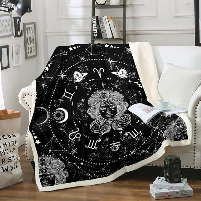 Erosebridal Constellation Throw Blanket Throw Size, Starry Sky Virgo Fleece Blanket for Girls Women, Sun and Moon Sherpa Blanket Zodiac Signs Astrology Fuzzy Blanket Galaxy Bedroom Decor, Black White