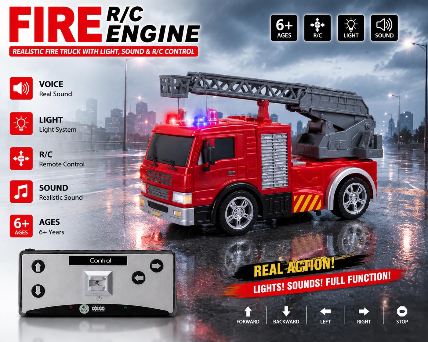 1:64 RC Fire Engine Truck, Rechargeable Remote Control Fire Rescue
