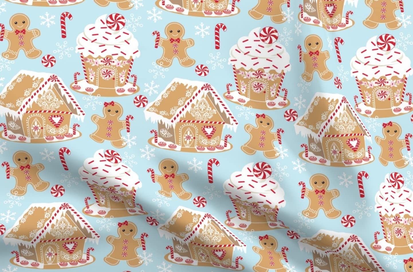 Spoonflower Fabric - Christmas Gingerbread Houses Man Cookies Cupcake Holiday Baking Candy Printed on Organic Cotton Sateen Fabric by The Yard - Sewing Quilting Apparel Home Decor