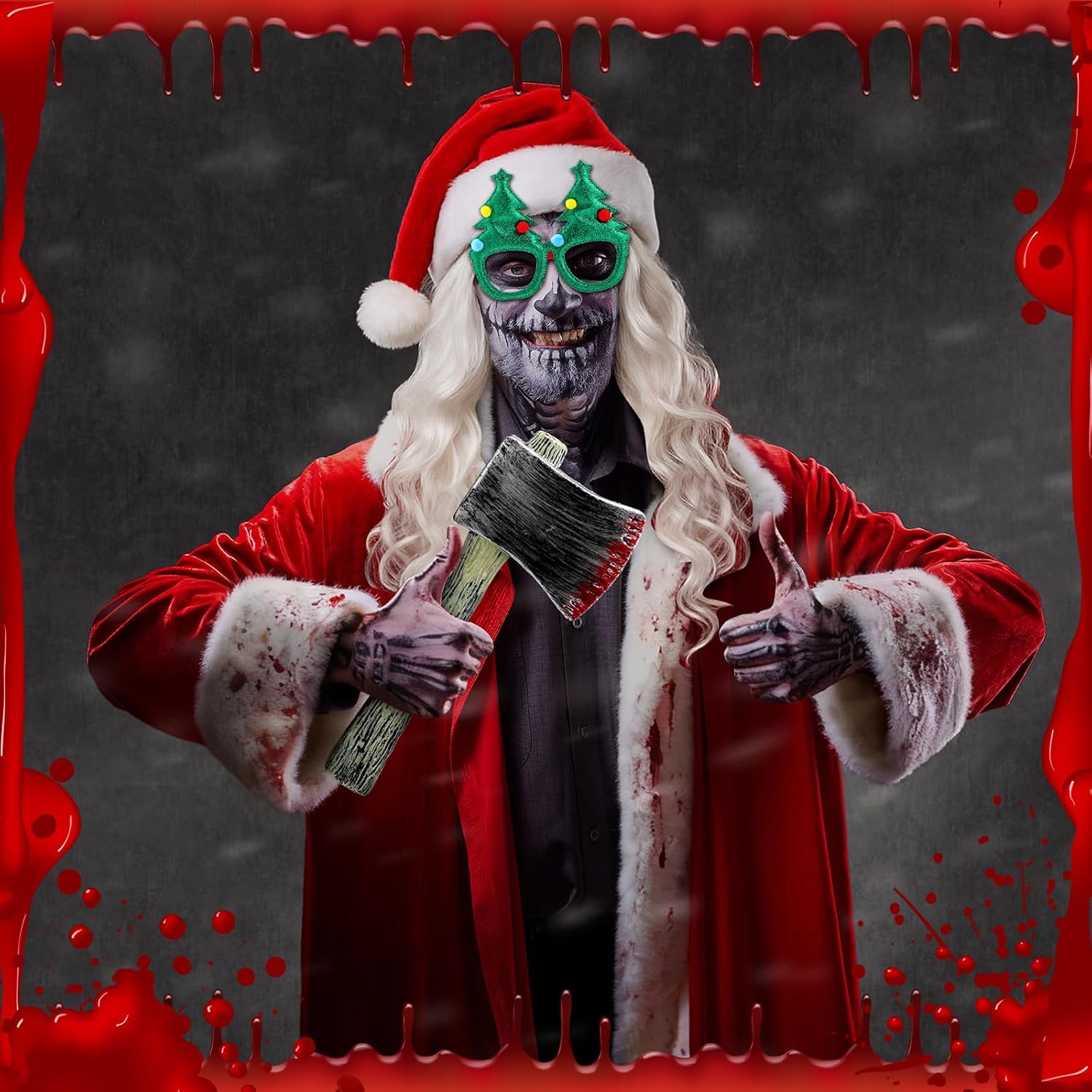 Geyoga 4 Pcs Halloween Killer Costume Christmas Costume Include Red Santa Hat, Christmas Tree Glasses, White Wig with Hairnet, Plastic Prop Axe Costumes Mask Full Set - Image 4