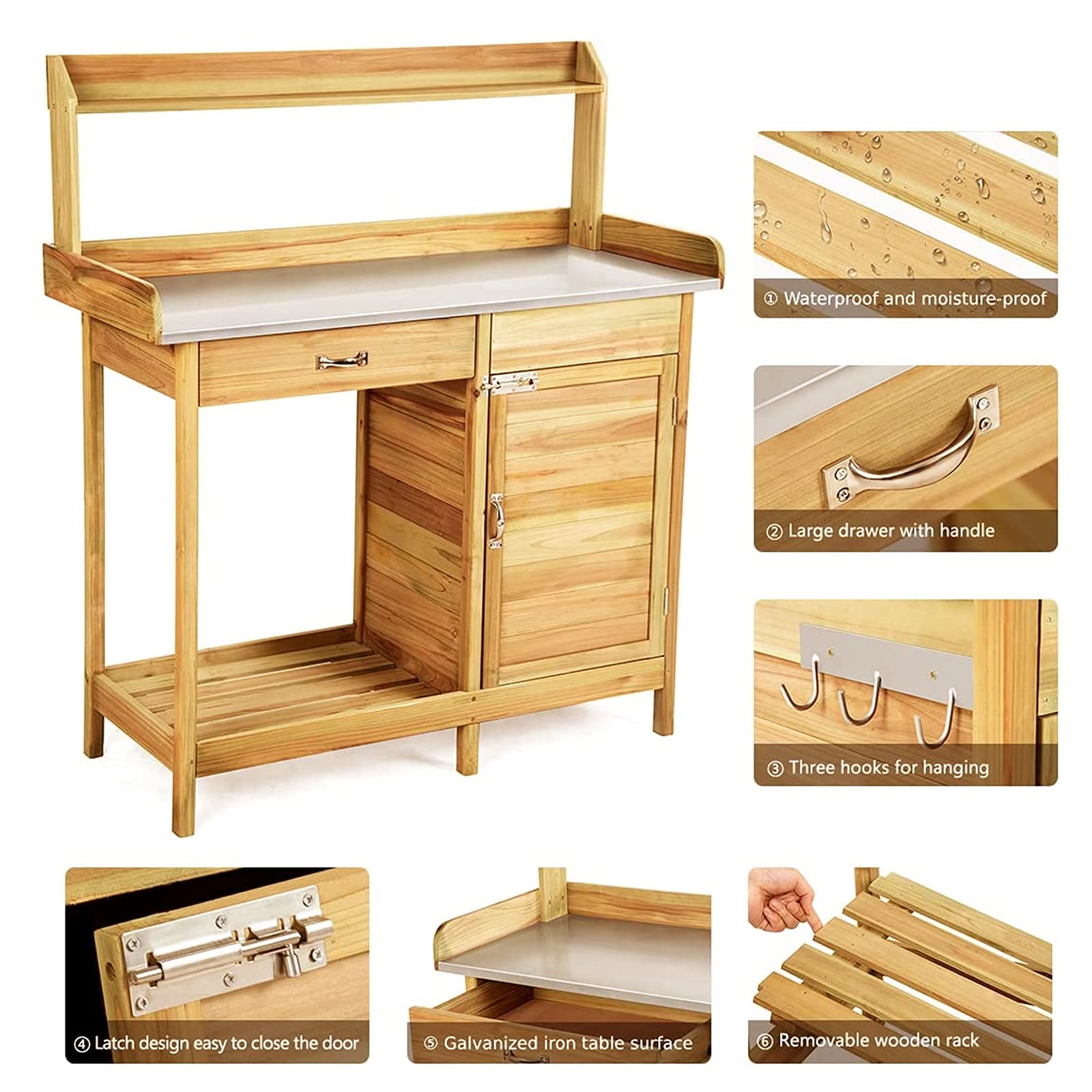 Banco de jardín de Madera con Mesa de Trabajo, Armario de Metal, cajón y Ganchos, Mesa de jardinería para Exterior con Estante de Almacenamiento, 101,6 x 41,4 x 125 cm, Color Madera Natural.