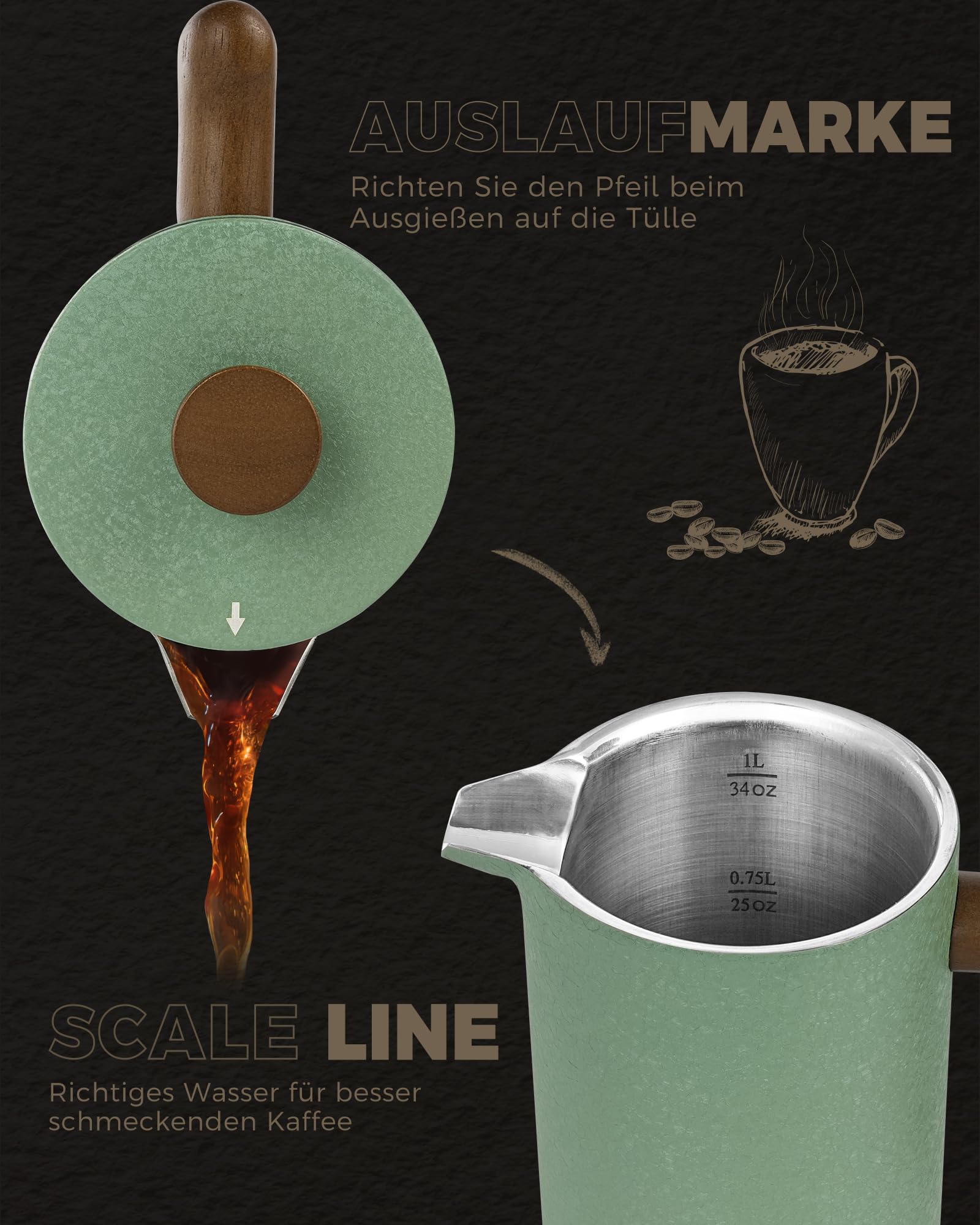 Poliviar French Press - Cafetera térmica de acero inoxidable, doble pared aislada, cafetera de 1 litro, filtro manual con émbolo y mango de madera, color verde