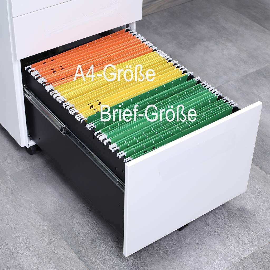 Aktenschränke,Schrankkorpus Vormontiert, Rollcontainer Büro-Rollcontainer mit Anti-umkippen-mechanismus, Bürocontainer mit 3 Schublade für A4, 50cm L x 39cm B x 60cm H, LWB020 (Weiß)