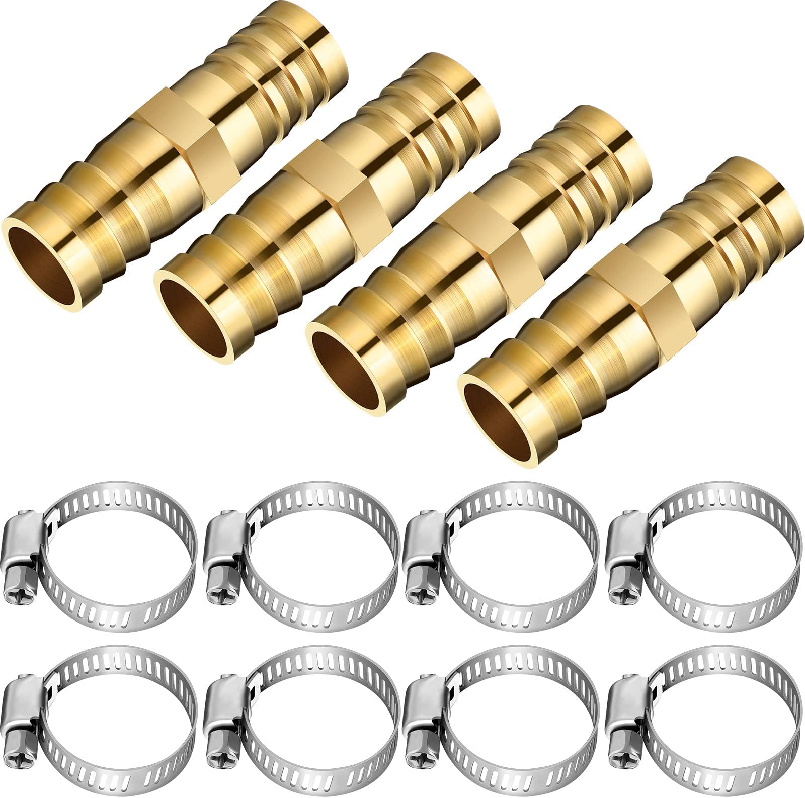 Zhengmy 12 Pcs 5/8-3/4 Inch Hose Repair Kit Brass Barb Fitting Garden Water Hose Repair Connectors with Claps Fiting with 8 Pcs Stainless Steel Pipe Clamp for Fuel Air