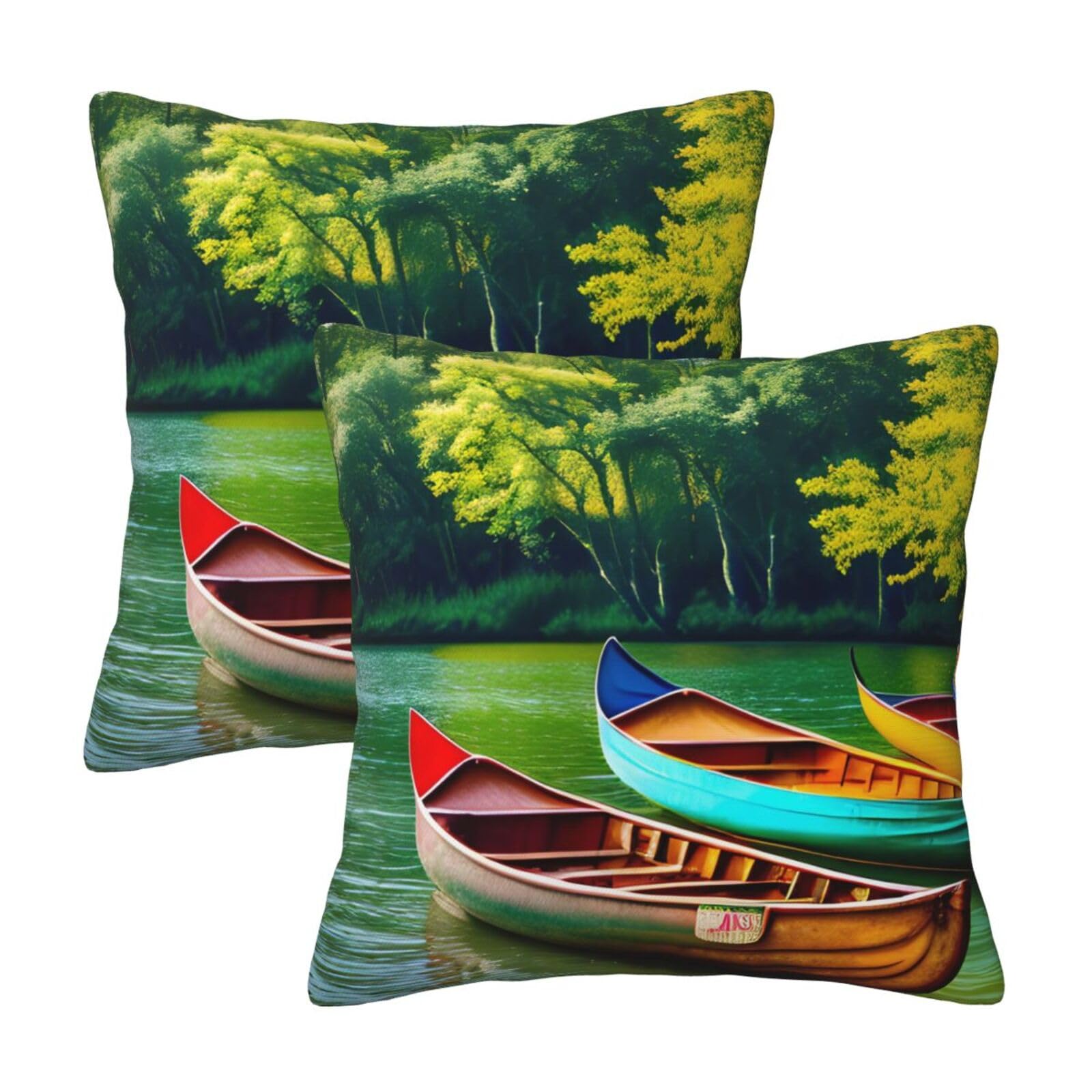 Décoration extérieure maison avec ce lot de 2 housses de coussin imprimé lac nature