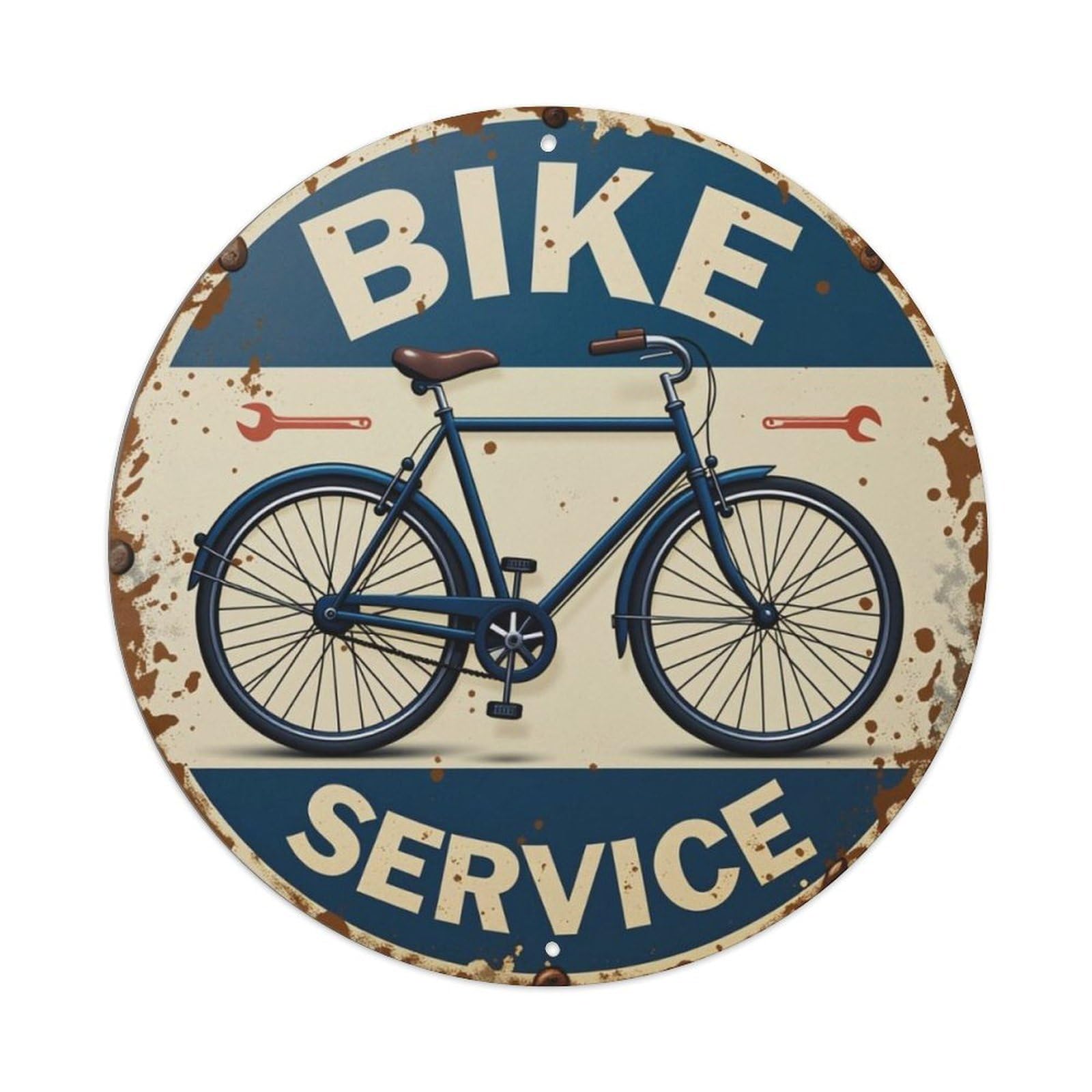 Vintage Classic Bike Service Distressed Rivet Round Tin Sign Vintage Aluminium Metal Sign, Retro Wall Decor for Home, Bar, Garage & Farmhouse 20x20cm