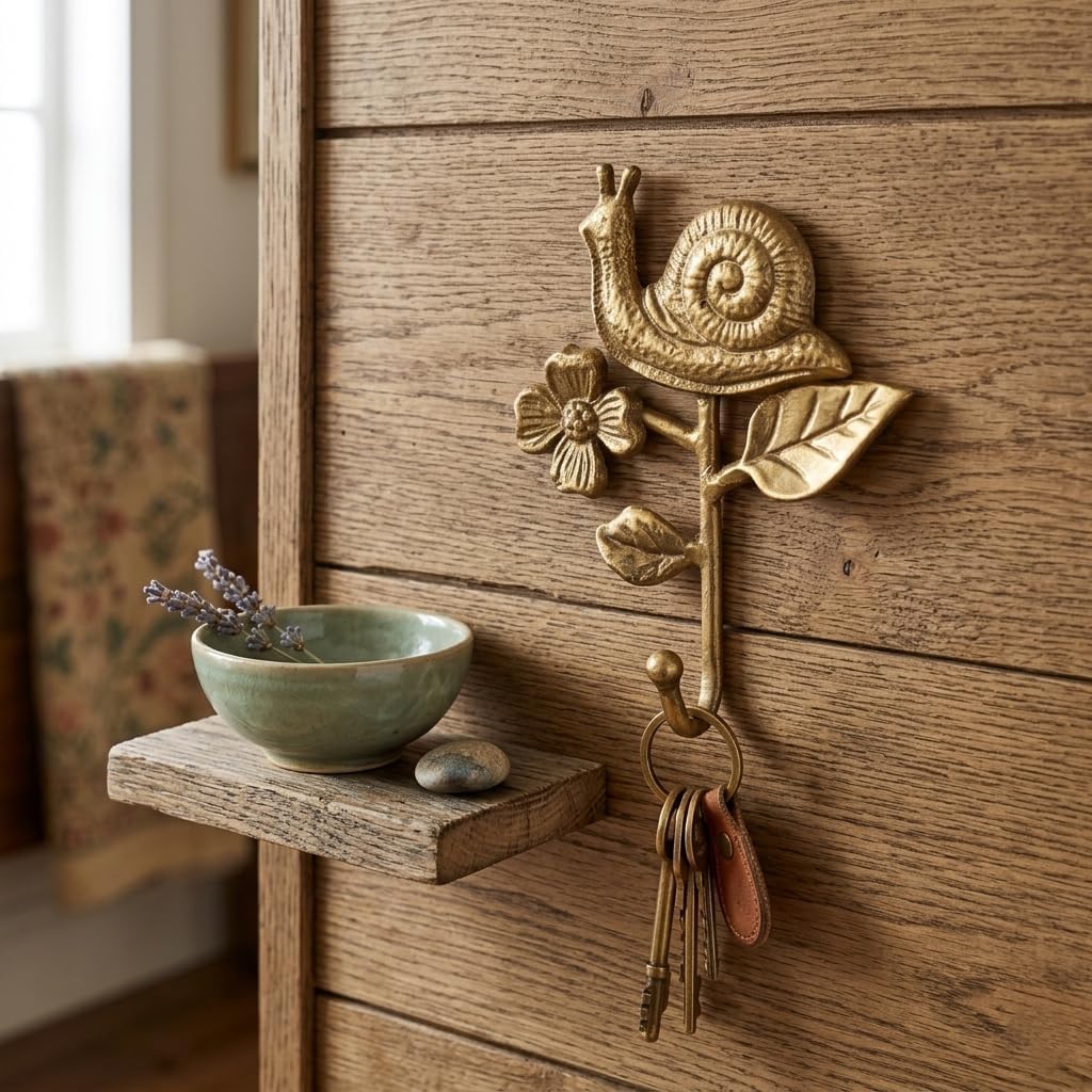 Mythra Golden Snail & Flower Cast Iron Wall Hook - Handcrafted 7-inch - Elegant Gold Finish - Nature-Inspired for Living Room