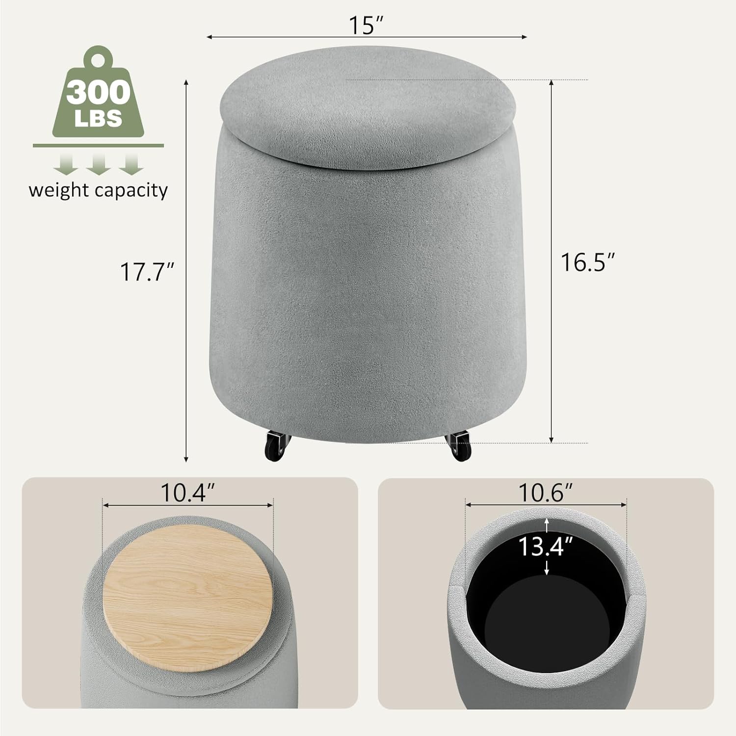 Storage Ottoman with Wheels, 15"W Swivel Rolling Foot Stool Boucle Terry Fabric Coffee Table Ottoman with Hidden Storage, Round Vanity Stools for Makeup Room Living Room Bedroom Entryway Dorm, Grey