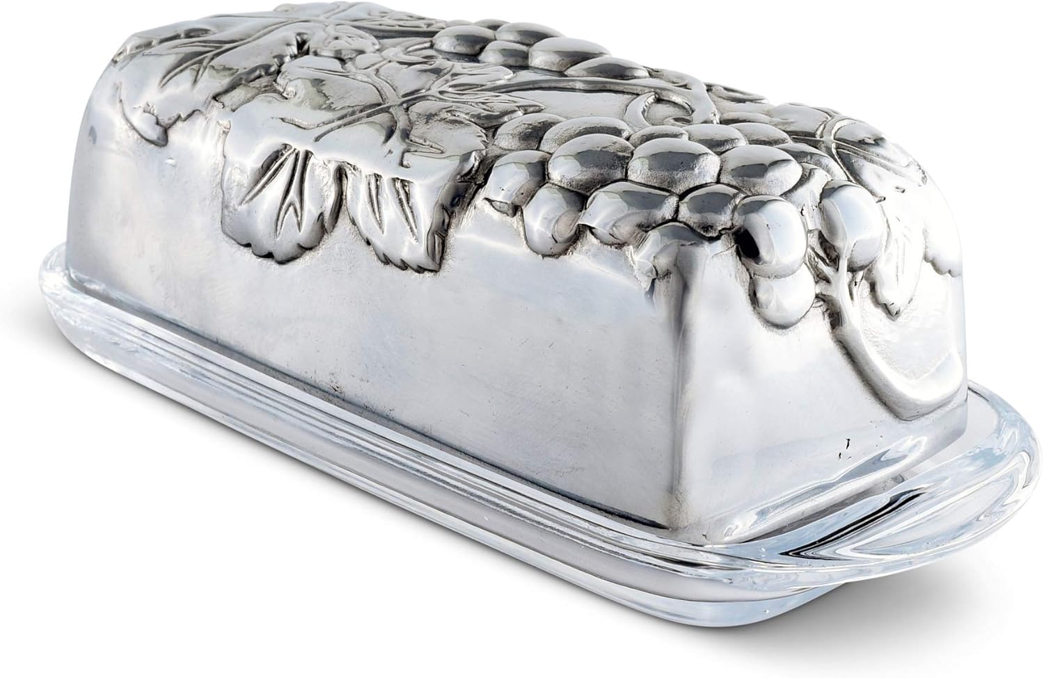 Arthur Court Designs Aluminum Grape Covered Butter Cream Cheese Dish Container Keeper Hand Polished Tarnish Free Artisan Quality with glass dish 7 inch Long