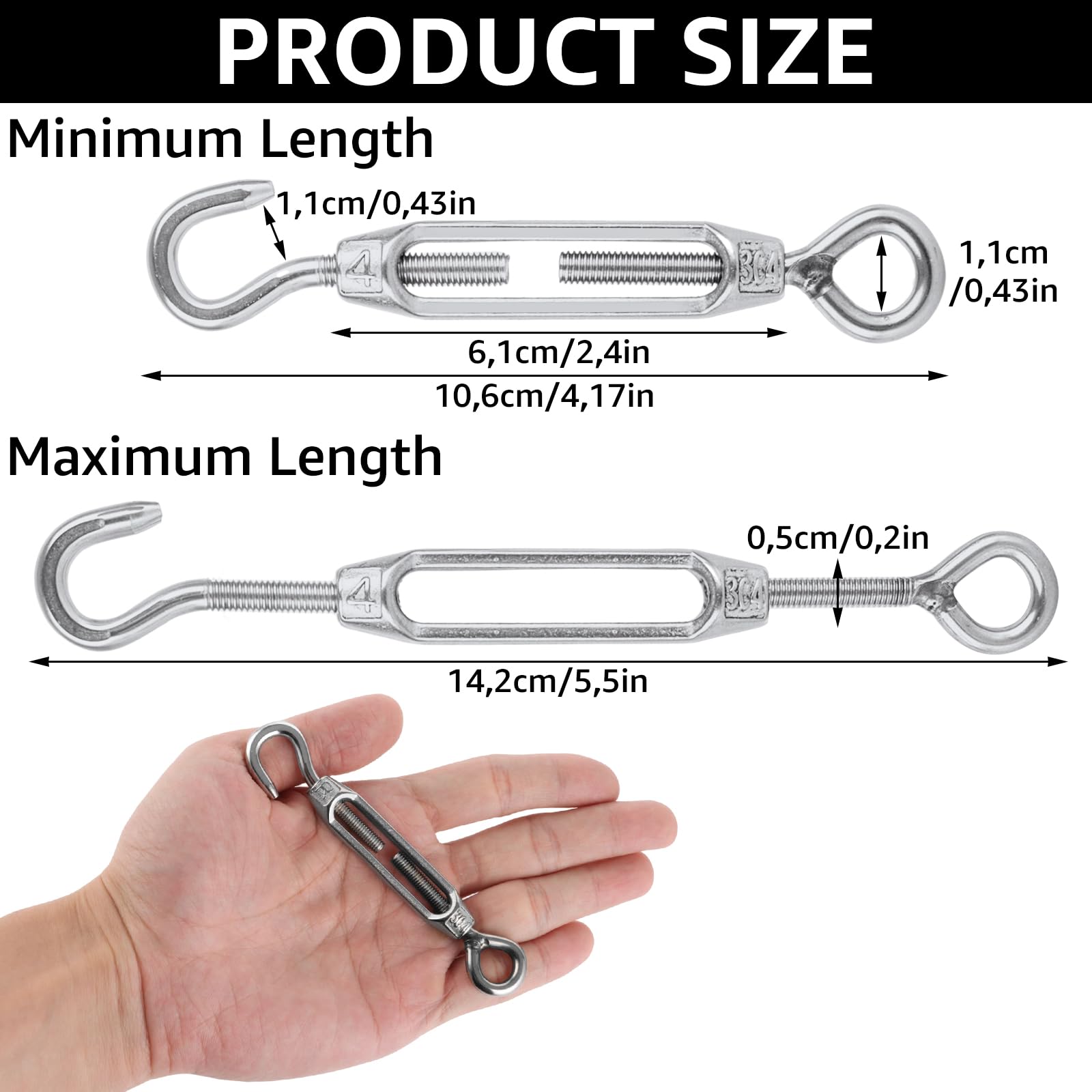 MIVIDE 24 Stück M4 Spannschloss Edelstahl, Verstellbare Spannschlösser Seilspanner mit Haken Öse, Drahtspanner Edelstahl für Gartendraht, Seilsystem, Zaunspanner