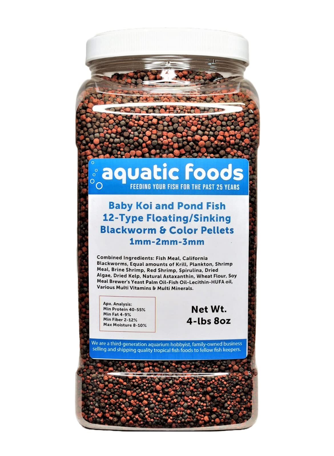 Aquatic Foods Inc. Koi & Pond Fish 12-Type Floating & Sinking 1mm, 2mm, 3mm Blackworm & Intense Coloring Pellets for Baby and Juvenile Koi…4-lb 8oz Lg