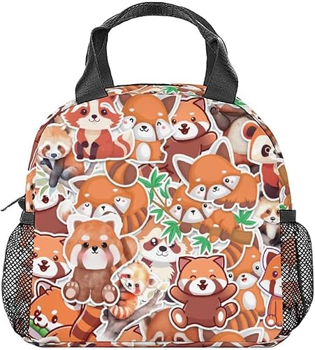 Bolsas de almuerzo Red Panda Lonchera Bento reutilizable aislada con correa para el hombro y bolsillos, lonchera pequeña marrón linda para niños,
