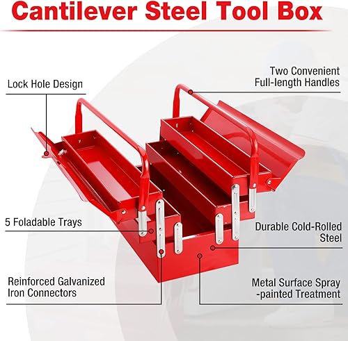 Miniatura 2 de WORKPRO Caja de herramientas de metal, caja de almacenamiento plegable en voladizo de 18 pulgadas, color rojo, organizador de herramientas