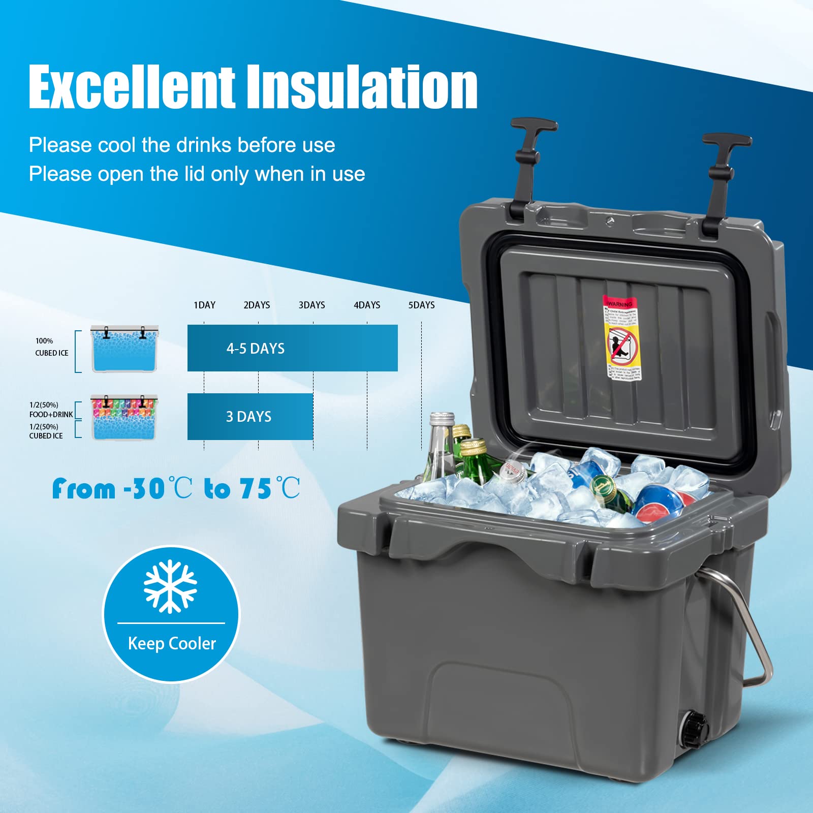 TANGZON Rotomolded Enhanced Ice Cooler, Ice Retention Cool Box with Cup  Holders, Non-Slip Feet, Padded Handle and Drain Plug, Insulation Ice Chest  for Outdoor Camping, Fishing \u0026 BBQ (Grey) : Amazon.co.uk: Sports