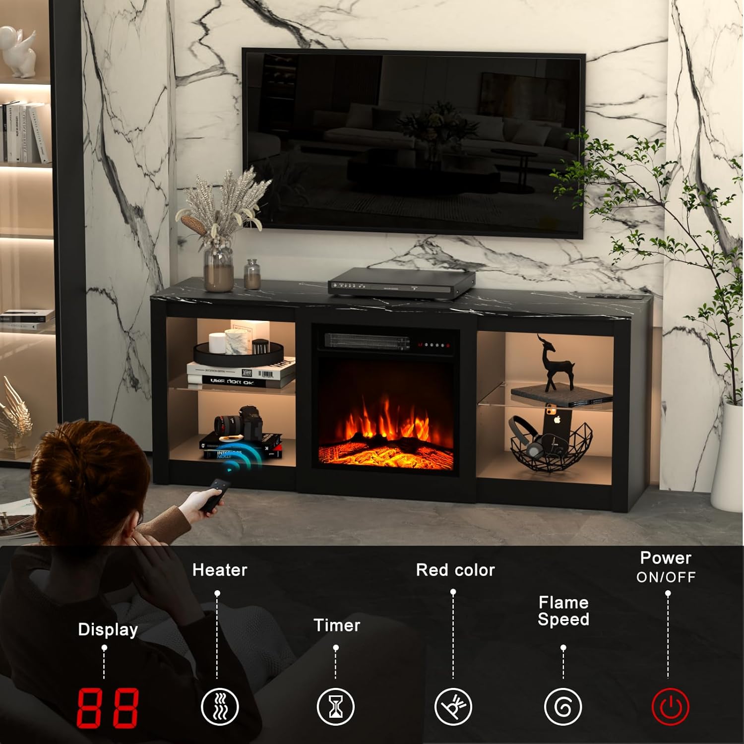 58 inch Fireplace TV Stand for 65 inch TV, LED Light Entertainment Center with 18" Electric Fireplace for Livingroom TV Console with Glass Shelves,Black