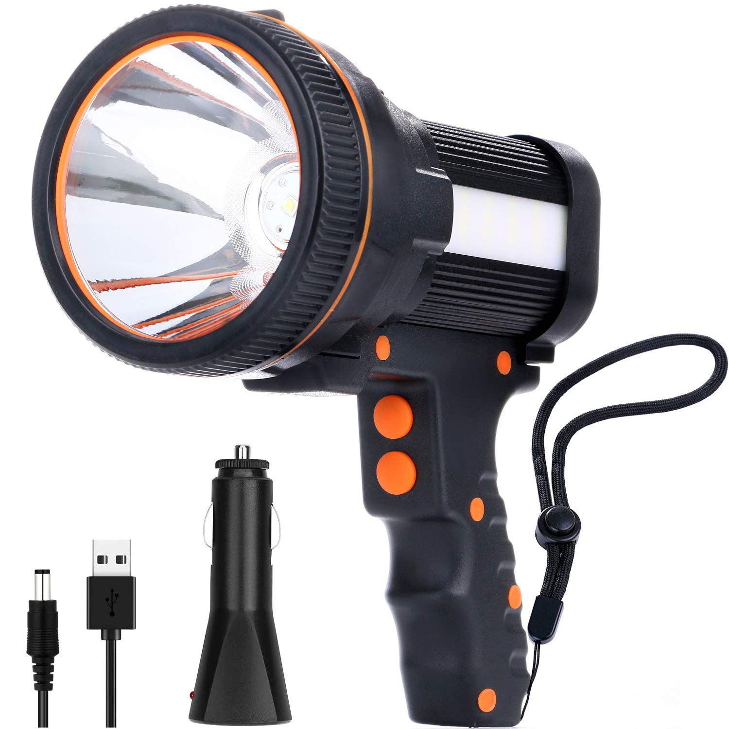 SnnisttekRechargeable spotlight，Super Bright 7800 Lumens LED Searchlight Handheld,and Flood Camping Flashlight with Foldable Tripod with USB Output Function IPX4 Waterproof (Black)