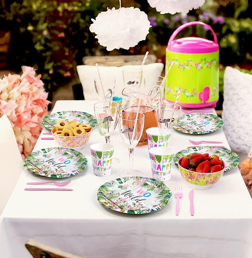 Two Wild Birthday Party Supplies Tableware Girl, Safari Jungle Theme 2nd Decorations Include Plate, Cup, Napkin, Tablecloth, Straws, Cutlery, Two Wild Dinnerware | Serve 24