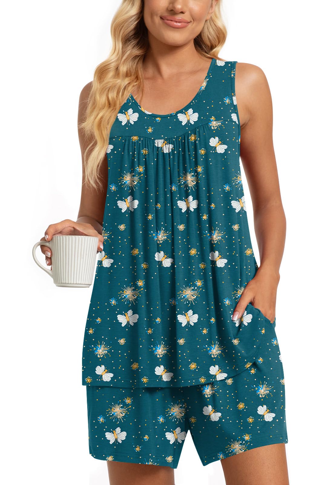 TAOHUADAO 2 Piece Women's Sleeveless Pajama Sets, Lounge Sleepwear Ladies Pjs Sets with Pockets