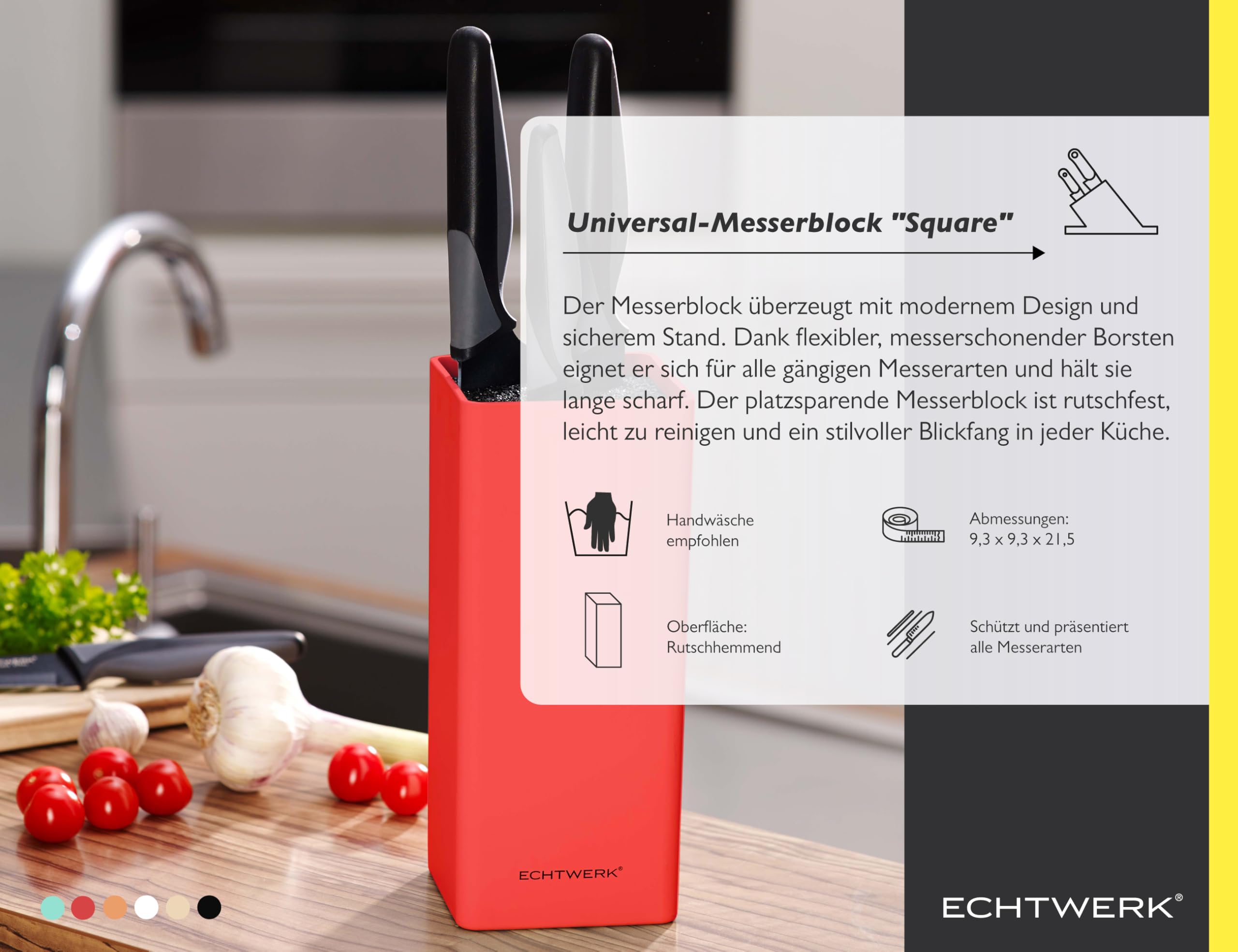 ECHTWERK Ceppo universale quadrato per coltelli, portacoltelli, organizzatore per coltelli da cucina, pratico supporto, contenitore salvaspazio per coltelli con inserto in setola, rosso, 30 cm