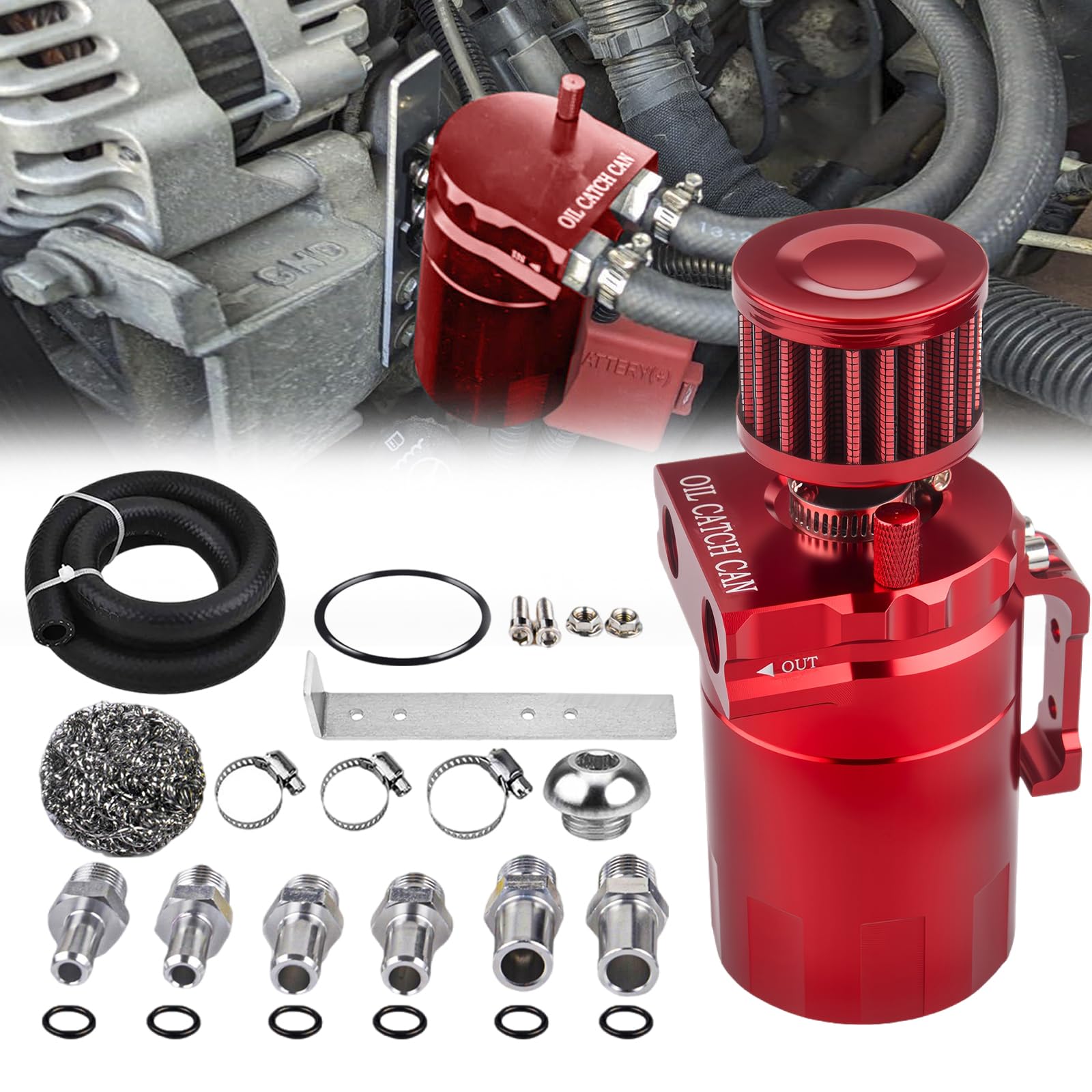 Universal 300ml Aluminum Baffled Oil Separator Catch Can Kit with Installation Bracket and Thickening Tube Red