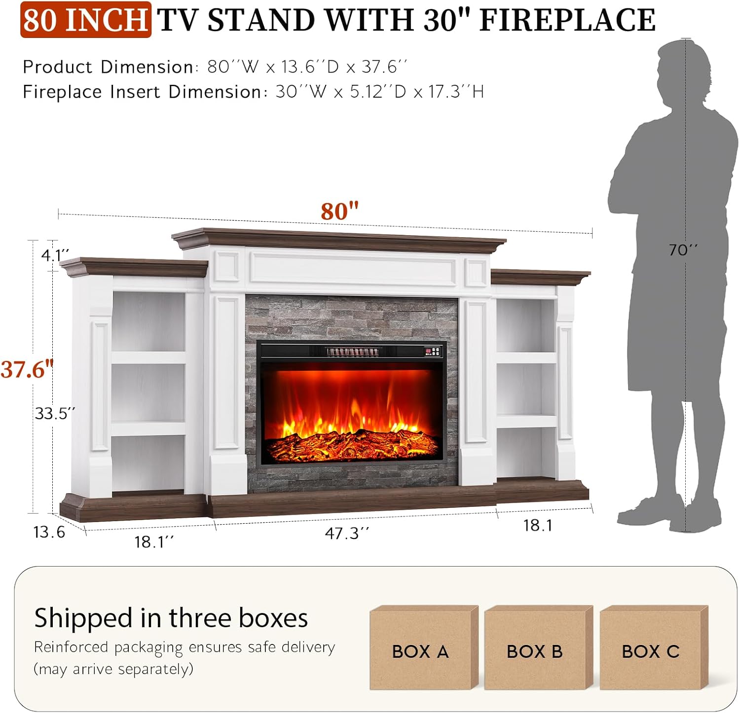 80" Fireplace TV Stand for TVs Up to 90 Inch, Electric Fireplace with Mantel, Farmhouse Entertainment Center with Storage, Fireplace Insert with Realistic Stacked Stone Surround for Living Room
