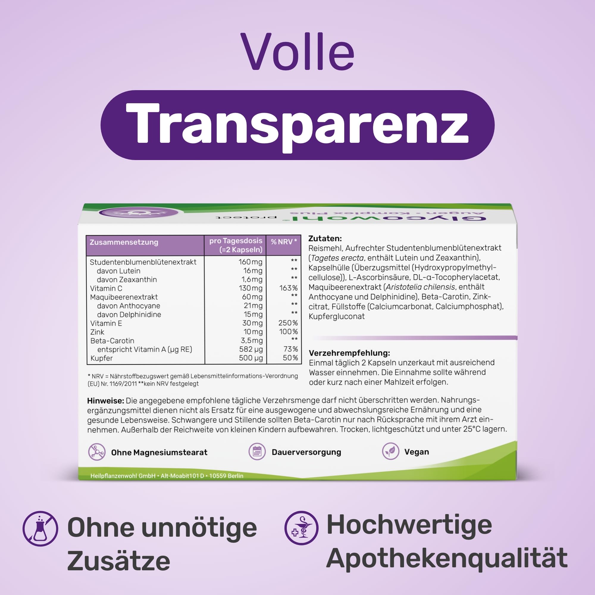 Glycowohl Augen Komplex Plus – Augenvitamine – Mit Lutein & Zeaxanthin | Premium Markenrohstoff MaquiBright® · Zink & Vitamin A für normale Sehkraft · Vitamin C & E für Zellschutz
