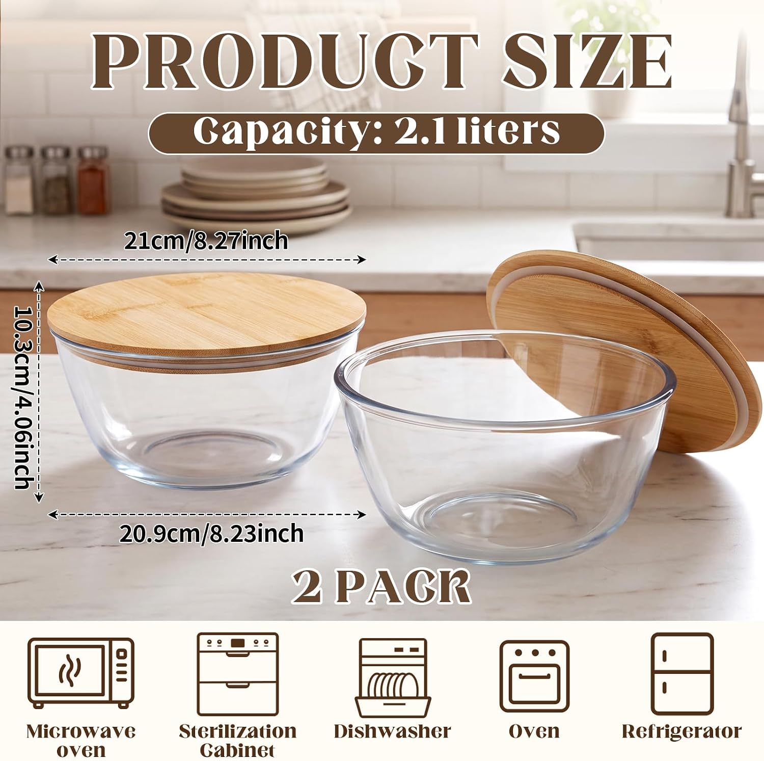 Mifoci 2 Pcs 2.1 Qt Glass Mixing Bowls with Bamboo Lid, Large Salad Bowl