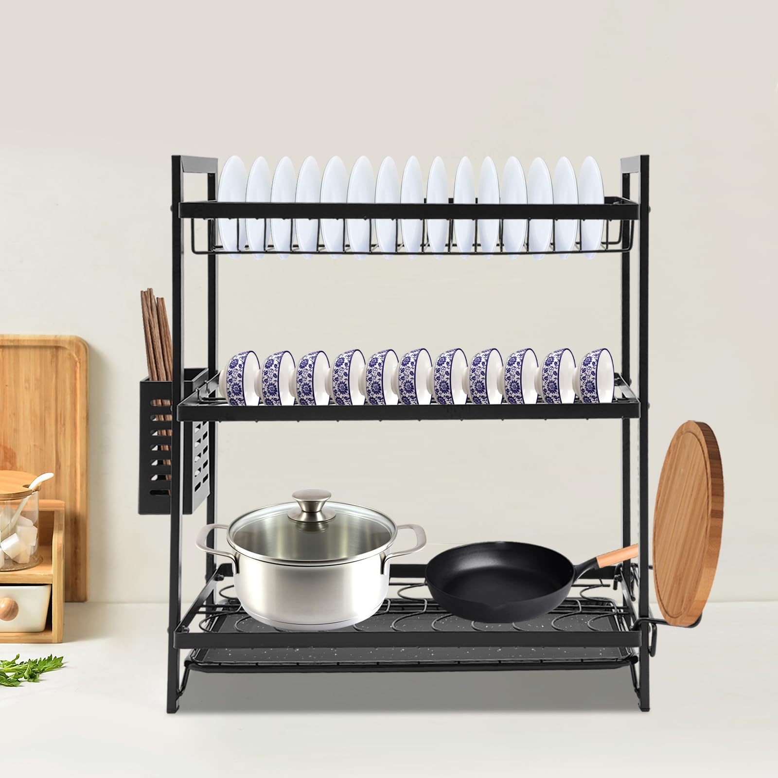 Scolapiatti, scolapiatti, scolapiatti, scolapiatti a 3 livelli, scolapiatti, scolapiatti, con porta utensili e scolapiatti, posate, dish Drainer, portabibite per cucina