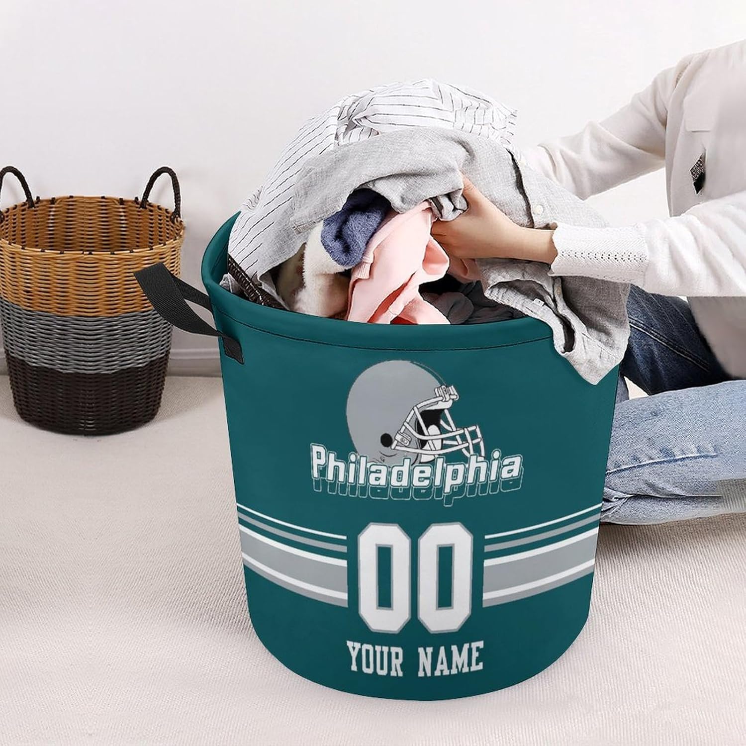 Custom Football Laundry Basket Personalized Collapsible Laundry Hamper with Name Number For Fans Gifts Dirty Clothes Storage Basket with Handles for Bathroom Bedroom Livingroom Organizer Toy Basket
