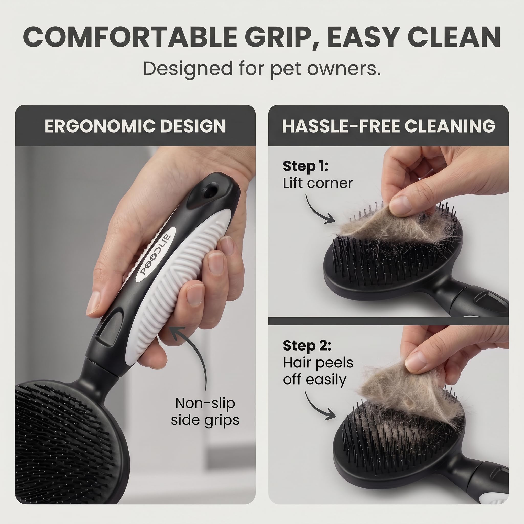 Brosse à poils ronds pour chiens et chats – Brosse douce pour le toilettage des poils courts ou longs – Outil doux pour peaux sensibles Élimine les squames, la saleté et démêle (noir)