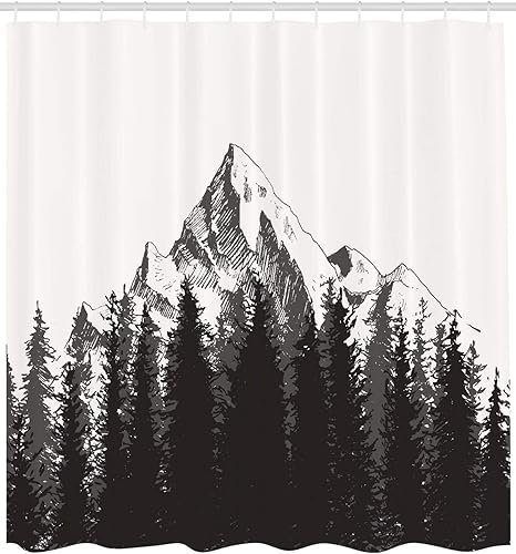 Miniatura 2 de Ambesonne Cortina de ducha prehistórica, estampado retro de bosque de abeto de montaña y flechas, juego de decoración de baño de tela con ganchos,