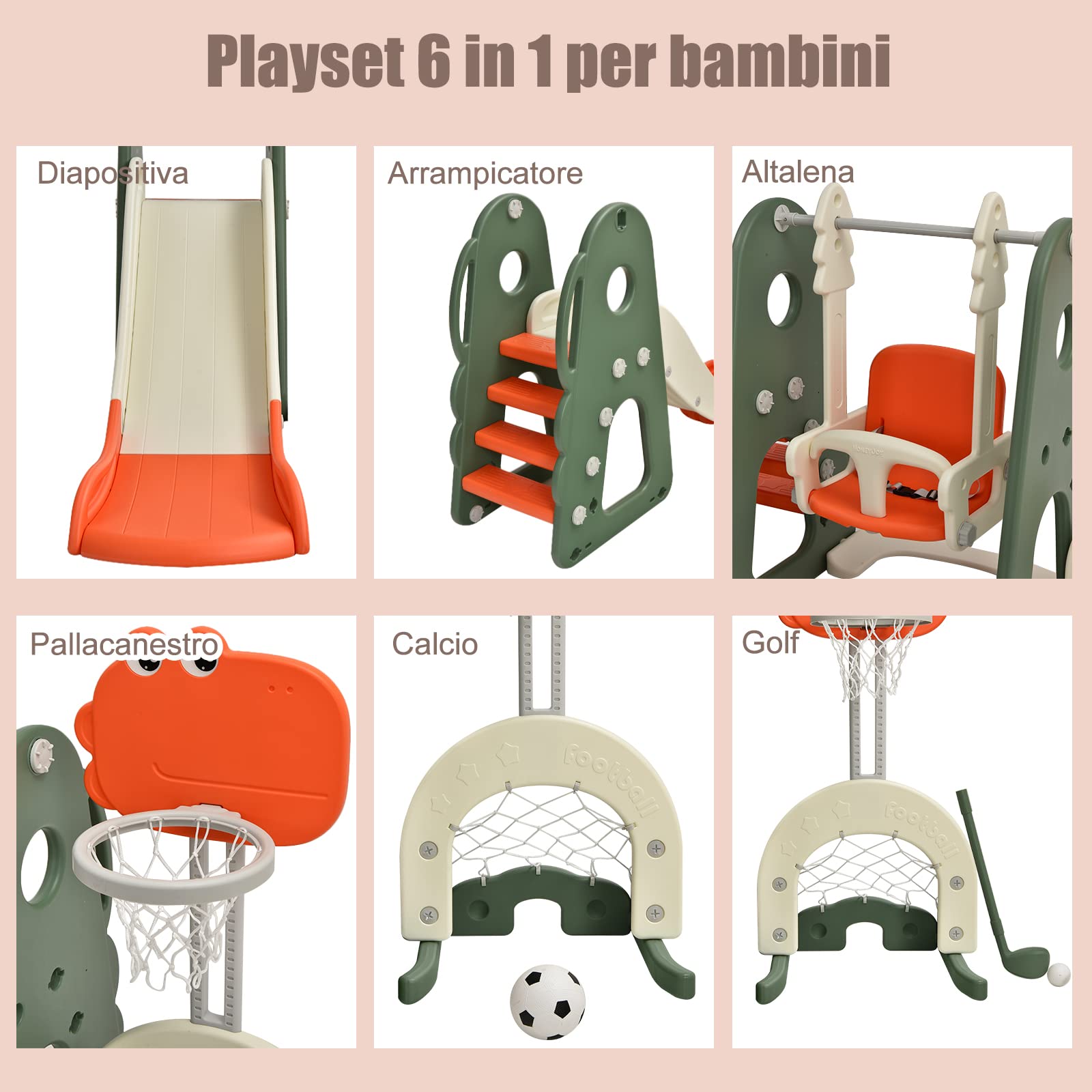 COSTWAY 6 in 1 Parco Giochi per Bambini, con Altalena Scivolo Canestro da Basket Golf, Parco Giochi per Bambini da Esterno ed Interno, 172x182x108-120cm, 18 Mesi+ (Arancione)