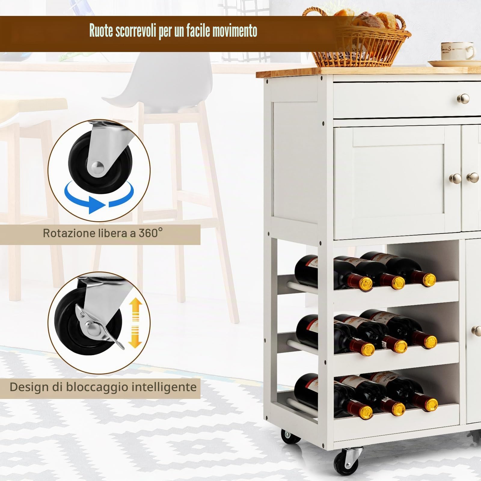 KOMFOTTEU - Carrello centrale con ripiani e piano di lavoro in legno di hevea, carrello con ruote e cassetto, 2 armadi, portabottiglie a 3 livelli, carrello con ruote, 67 x 37 x 86 cm (Bianco)