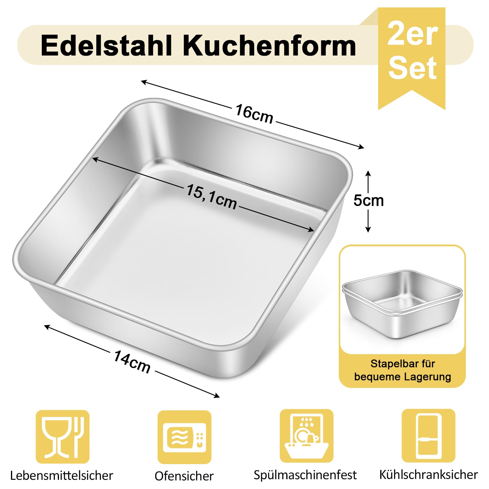 Set di 2 stampi quadrati per torte, in acciaio inox, perfetti per torte, brownie, lasagne, sani e lavabili in lavastoviglie, 15 x 15 x 5 cm
