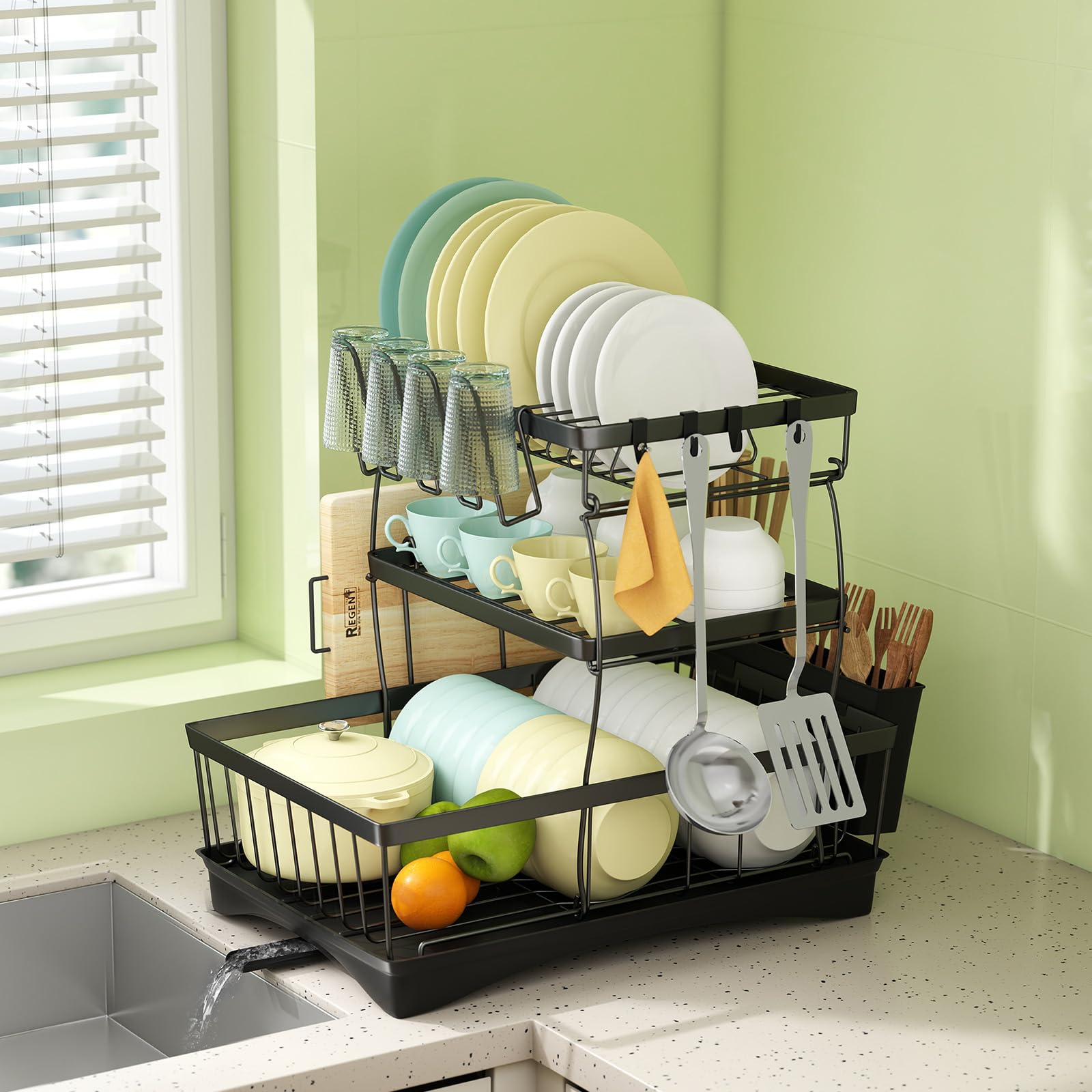 Levede Silver And Grey 3-Tier Dish Drying Rack With 360° Rotating Drainboard – Rustproof Carbon Steel Dish Drainer With Cutlery & Utensil Holders, Space-Saving Kitchen Organiser, Easy Assembly, Black 49 X 31 X 40.5Cm