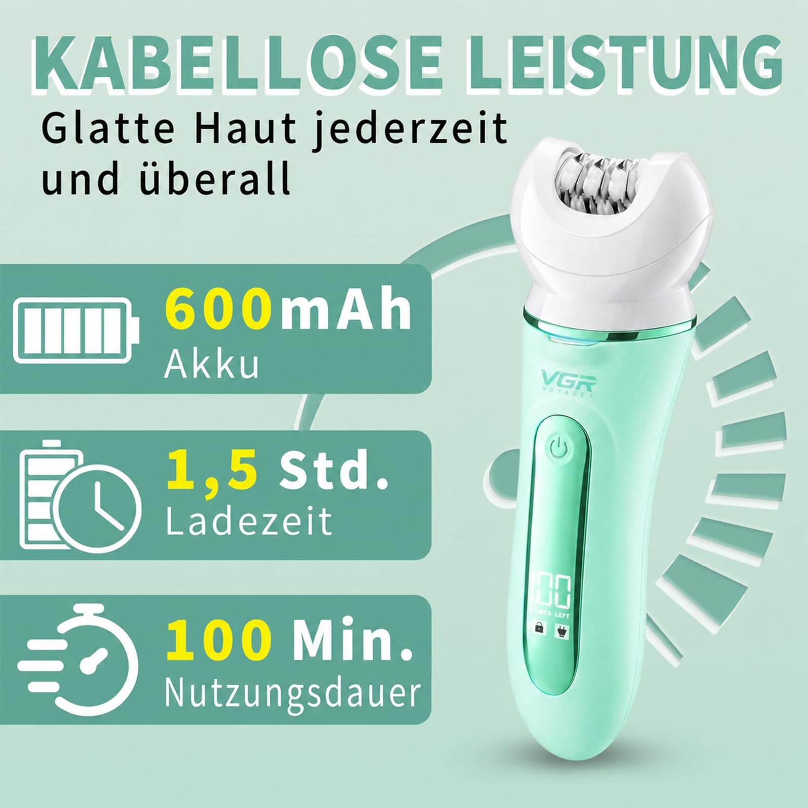 VGR 751 5-in-1 Epilierer Damen Mit Rasierer Gesichtsreinigungsbürste, Grün