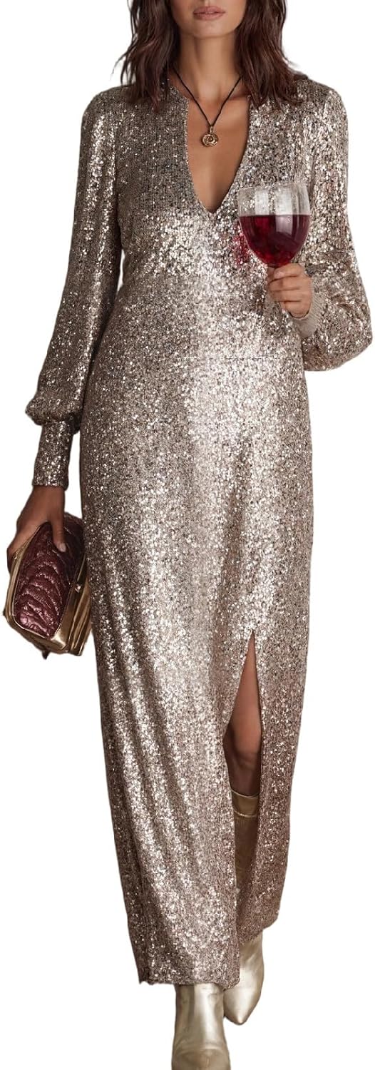 Wedding Guest Sequin Dresses Womens Elegant Puff Long Sleeve Split Maxi Dress V Neck Cocktail Party Gown Evening Outfits
