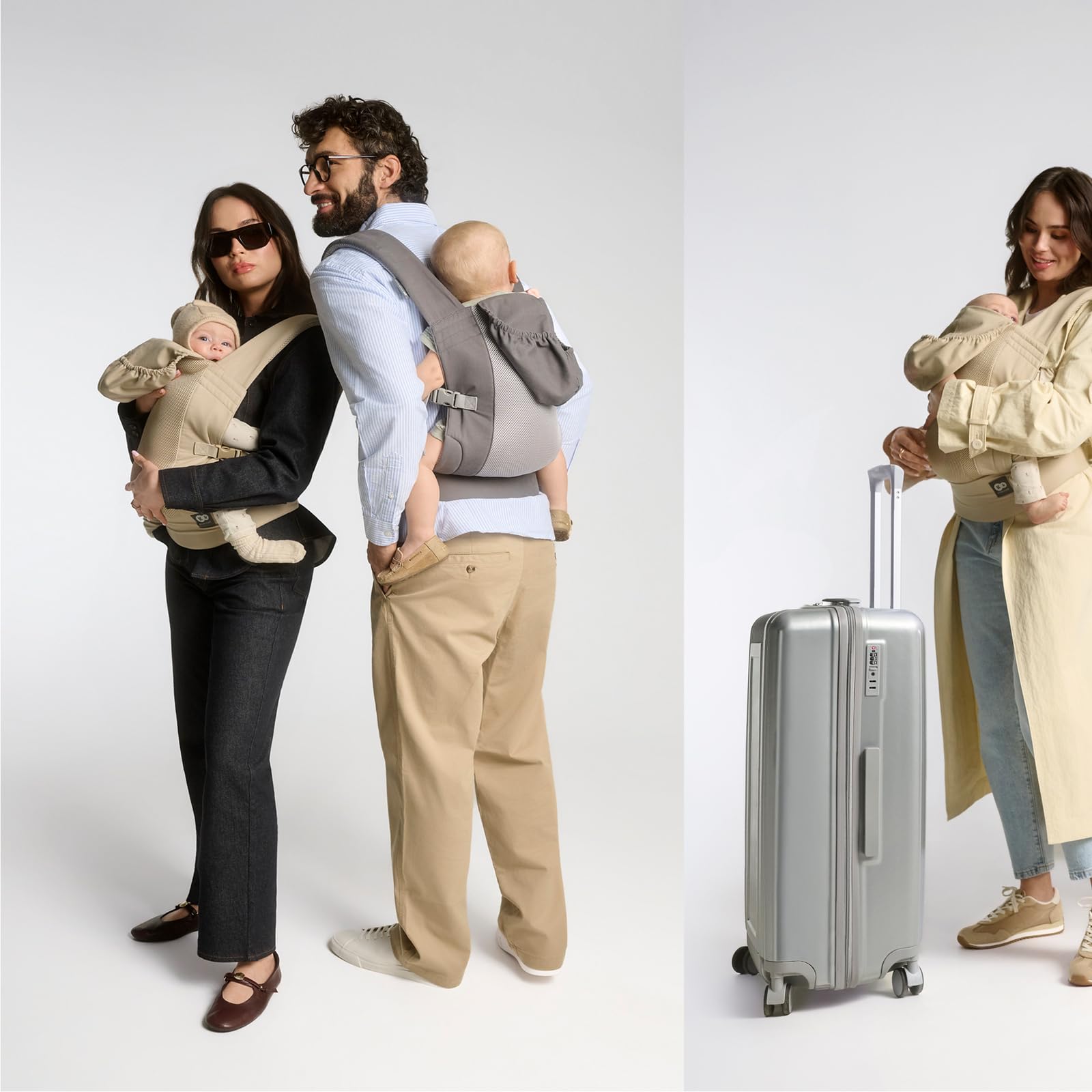 Kinderkraft ergonomische Babytrage CARRYBEE ab 3 Monaten bis 20 kg, verstellbar, feste Kapuze, aus Baumwolle und atmungsaktivem Polyester-Mesh, leicht, Beige