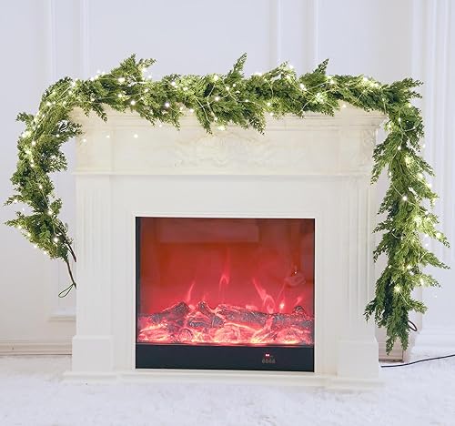 Miniatura 10 de MISSPIN Guirnalda de Navidad de 9 pies con tira de luces, guirnalda de pino de cedro de tacto real, guirnalda verde artificial para mesa, manto,