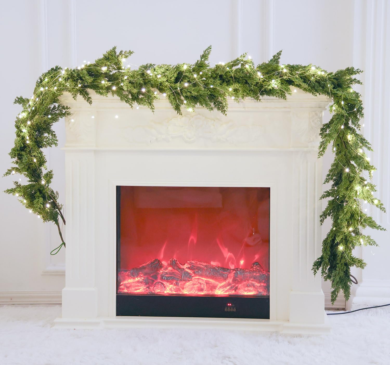 MISSPIN Christmas Garland with Lights, Real Touch Winter Cedar Pine Garland, Green Artificial Greenery Garland for Table, Mantle, Wall, Indoor, Outdoor Christmas Decorations
