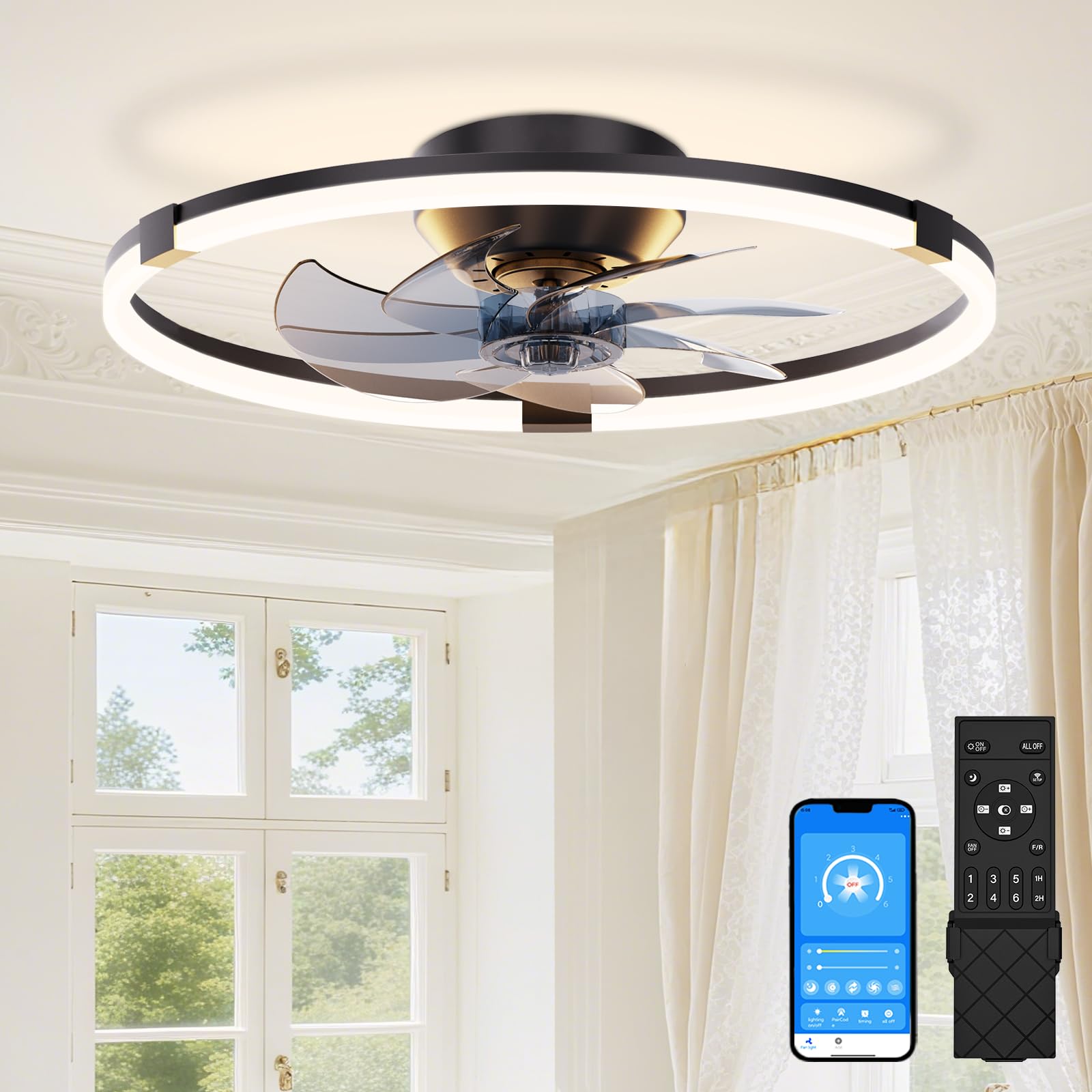 Sunkenet Black Ceiling Fans With Lights And Remote, 50Cm Led Ceiling Fan Light, 3000K-6500K Dimmable Smart Fan Ceiling Light, 6 Wind Speeds & Reversible, Modern Fan Light Ceiling For Bedroom