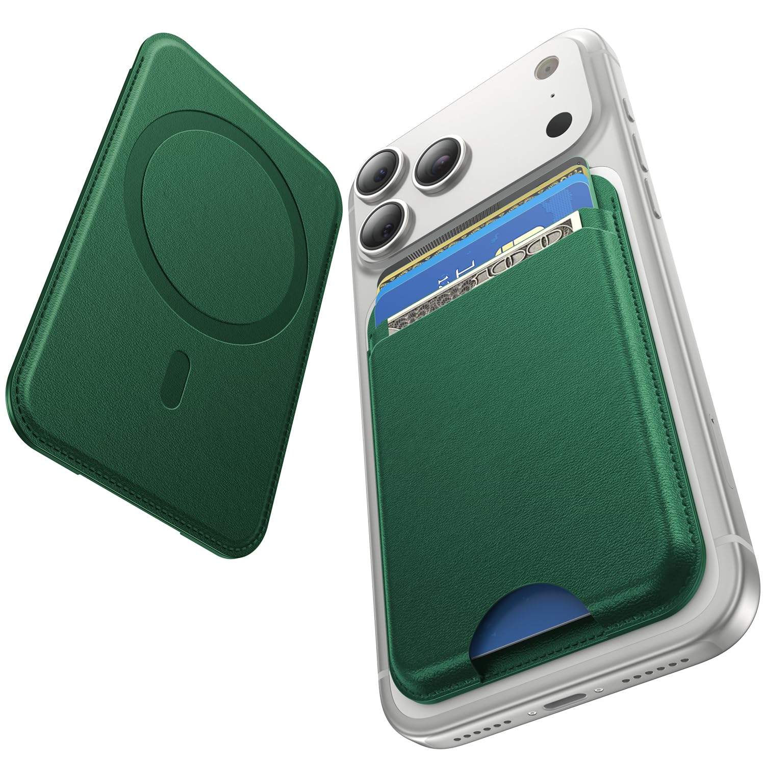 Photo 1 of Fanseesy for MagSafe Wallet, 5 Card Holder, Slim Leather Magnetic Wallet for iPhone 17/16/15/14/13/12 Pro Max Plus Air Series, 1 Card Slots & 1 Cash Slot,Green