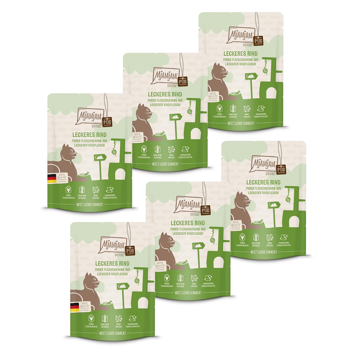 MjAMjAM - Premium wet food for cats - Quetschie - Pure meaty feast - pure delicious beef, pack of 6 (6 x 300 g), grain-free with extra meat