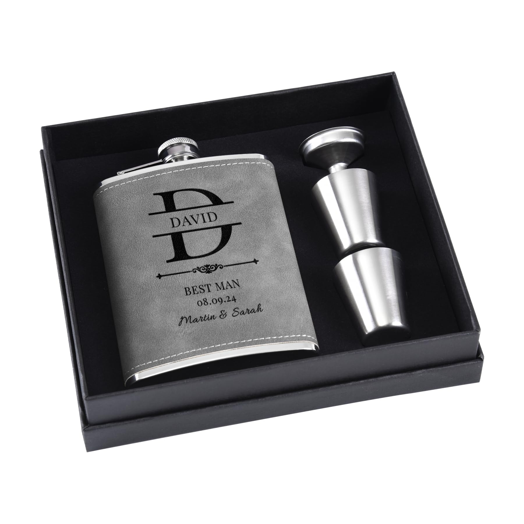 Personalised Flask Gift Set for Best Man Groomsmen, 8 oz 304 Stainless Steel Engraved Hip Flasks, Custom Flask for Wedding (Grey)