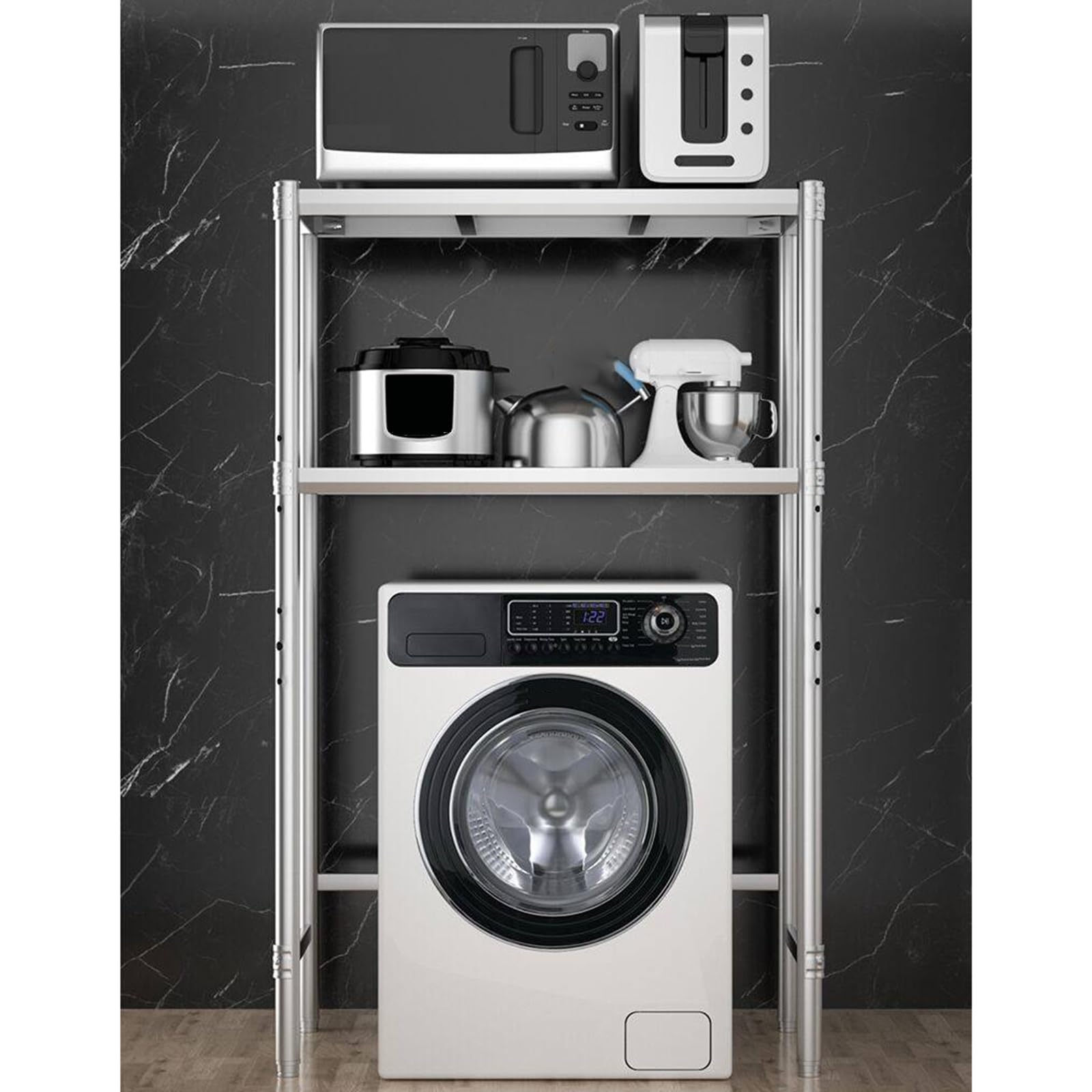 Organizer per lavanderia a 2 ripiani, in acciaio inox, per frigorifero, forno a microonde, autoportante, con ripiani regolabili, per cucina e dormitorio